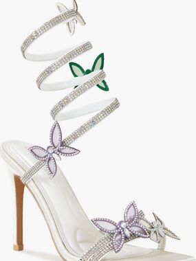 White Crystal Butterfly Spiral Strap High Heel Sandals by